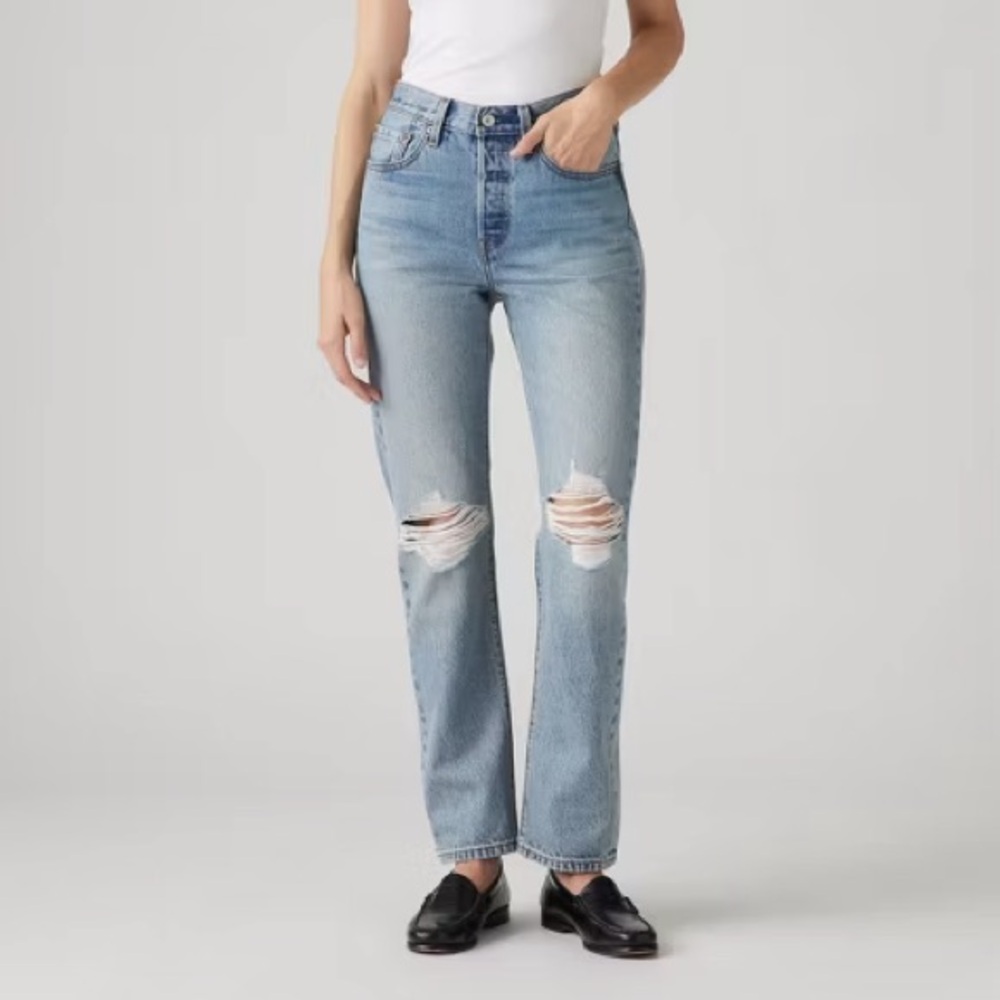 Levi's Blue Straight Leg Jeans with Distressed Details